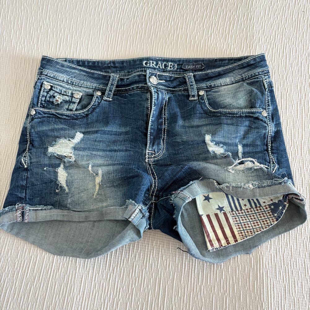 Grace in LA Distressed Blue Denim Shorts